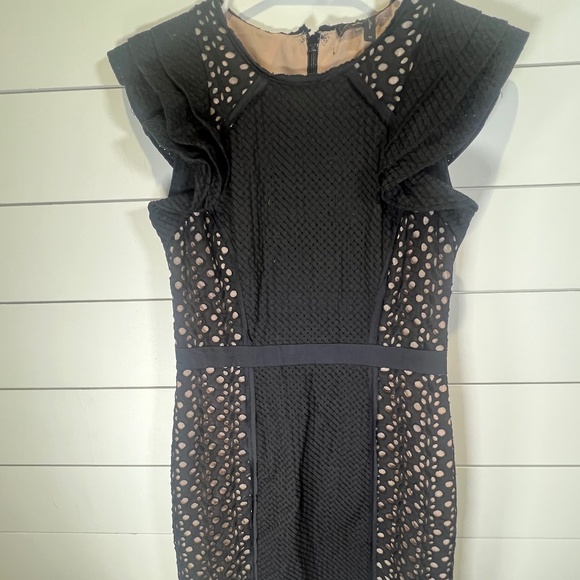 BCBGMaxAzria Dresses & Skirts - BCBGMaxAzira Desirae Black Eyelet Sheeth Dress with Ruffle Detail Sz 4